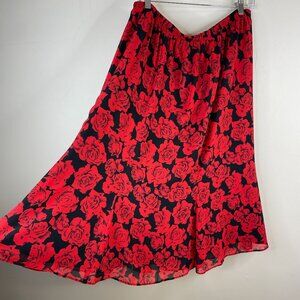Vintage 90s Womens Romantic Dark Floral Flowy Midi Skirt 20W Petite Feminine